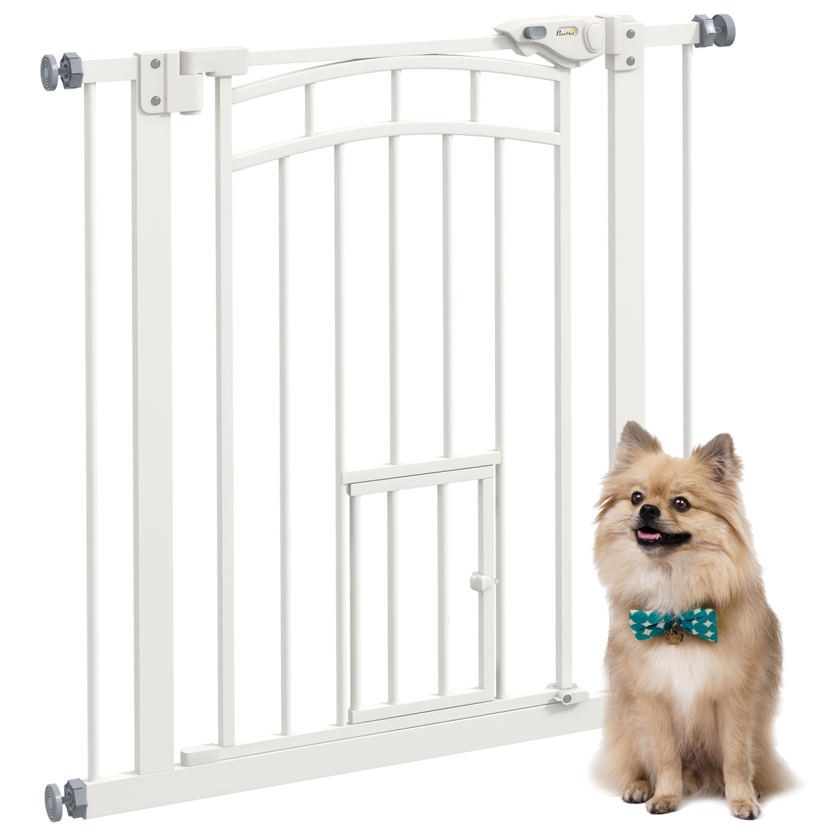 PawHut Adjustable Steel Pet Safety Gate with Cat Door, 74-80cm