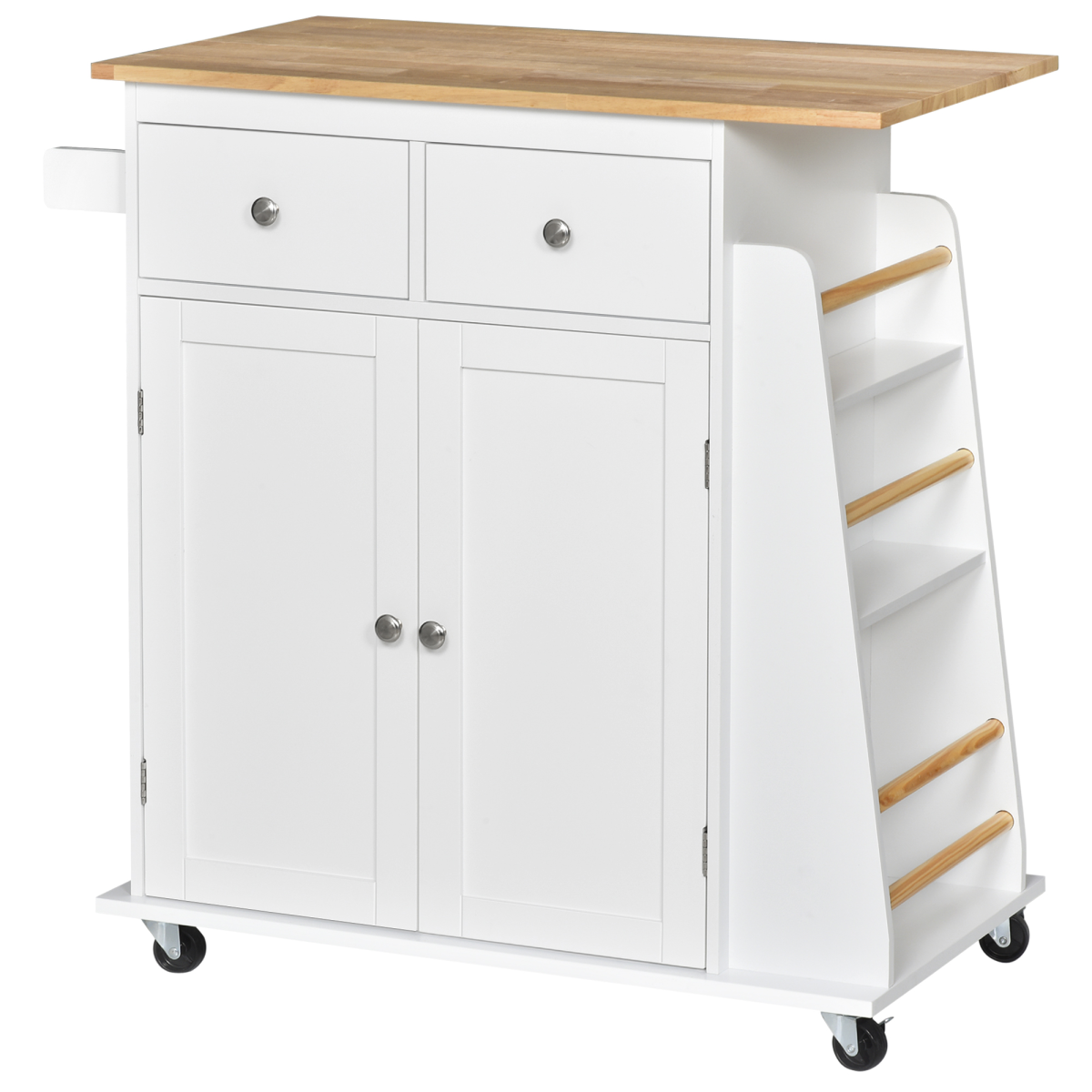 HOMCOM Kitchen Island Storage Unit with Rubberwood Top, 3-Tier Spice Rack, 2 Sliding Drawers, Cupboard and Towel Rail