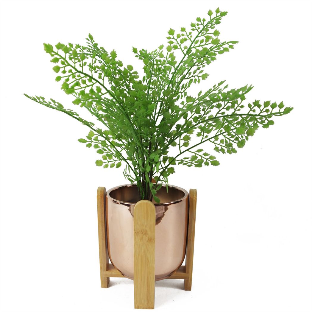 Gold Ceramic Planter with Bamboo Stand, 16cm