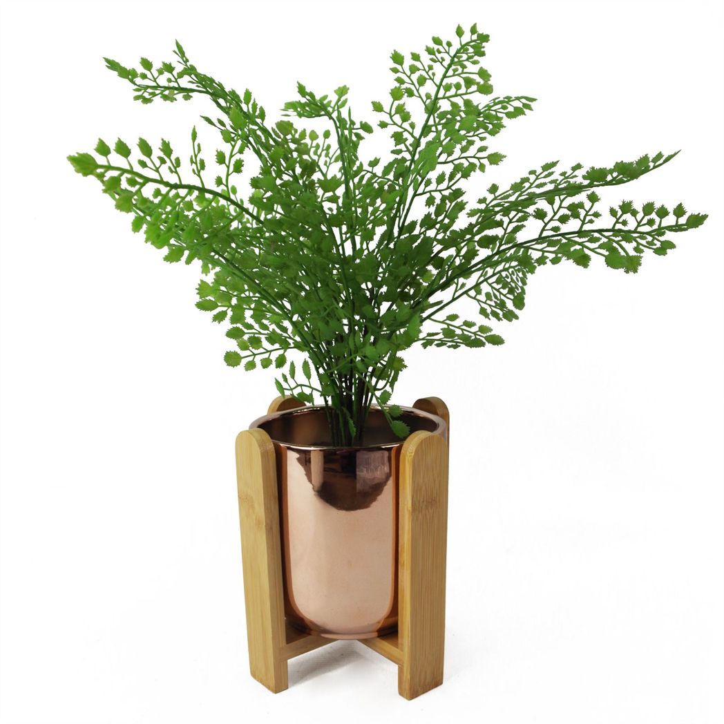 Gold Ceramic Planter with Bamboo Stand, 16cm