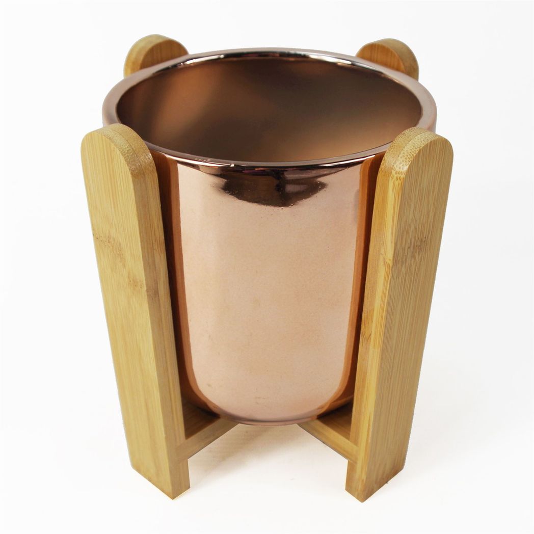 Gold Ceramic Planter with Bamboo Stand, 16cm