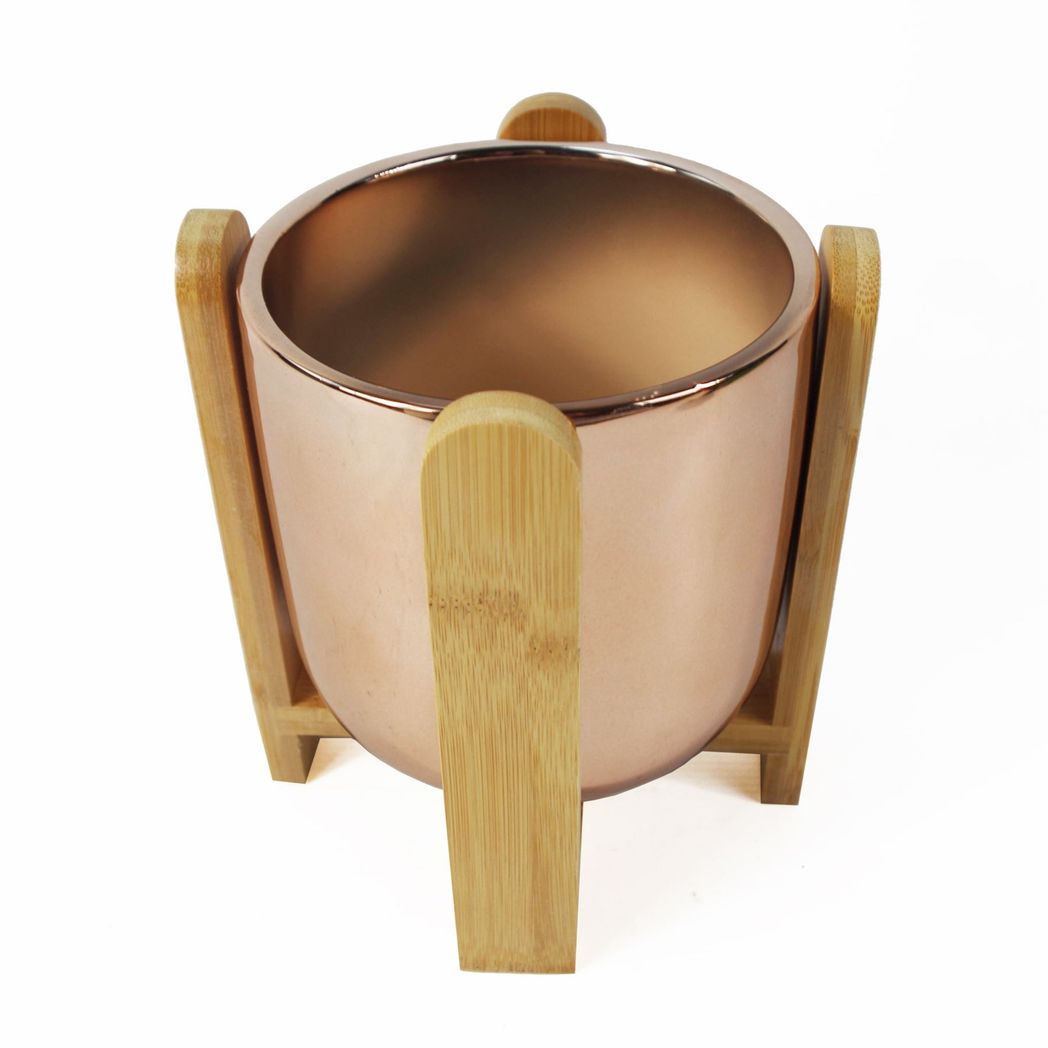 Gold Ceramic Planter with Bamboo Stand, 16cm