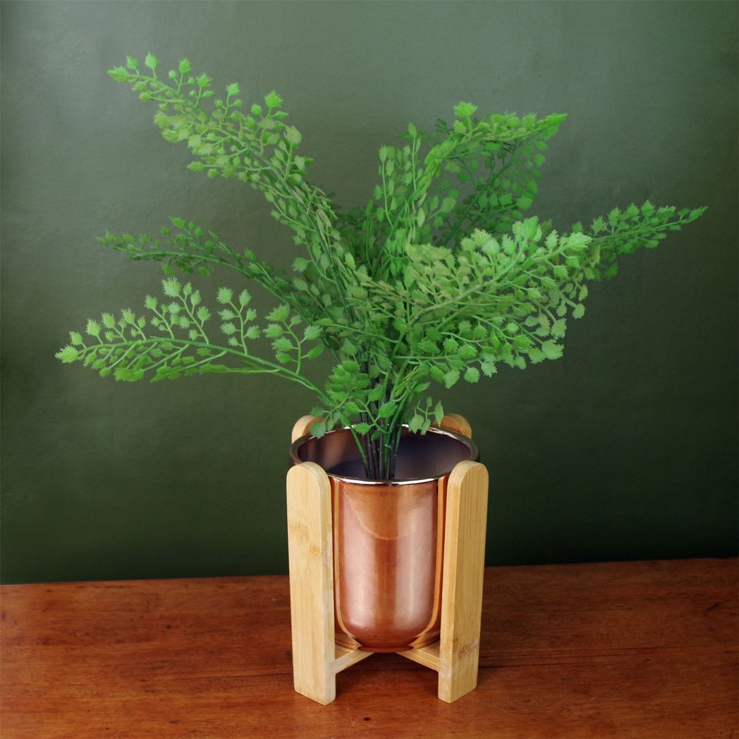 Leaf Design Gold Ceramic Planter with Bamboo Stand, 15 x 15 x 16 cm, 11 cm Inner Diameter