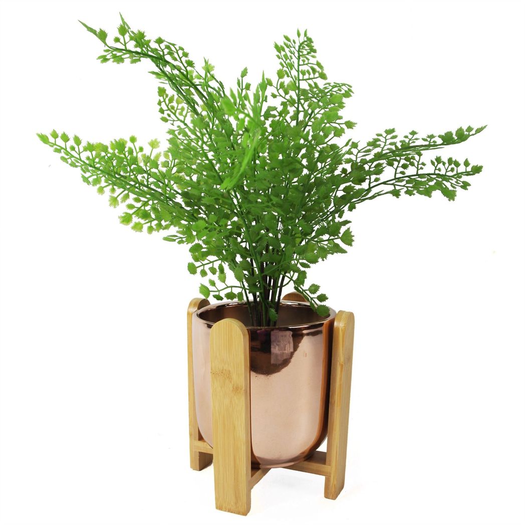 Gold Ceramic Planter with Bamboo Stand, 16cm