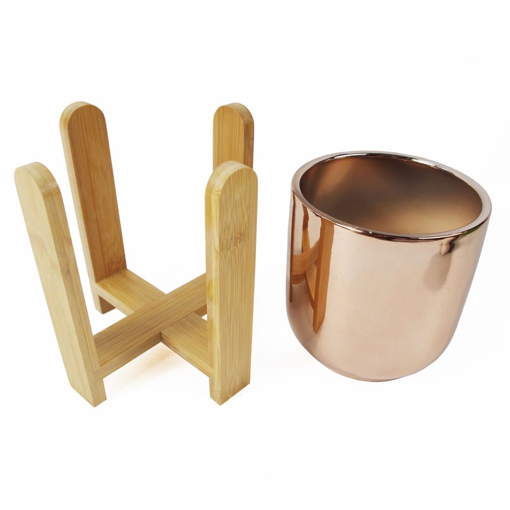 Gold Ceramic Planter with Bamboo Stand, 16cm
